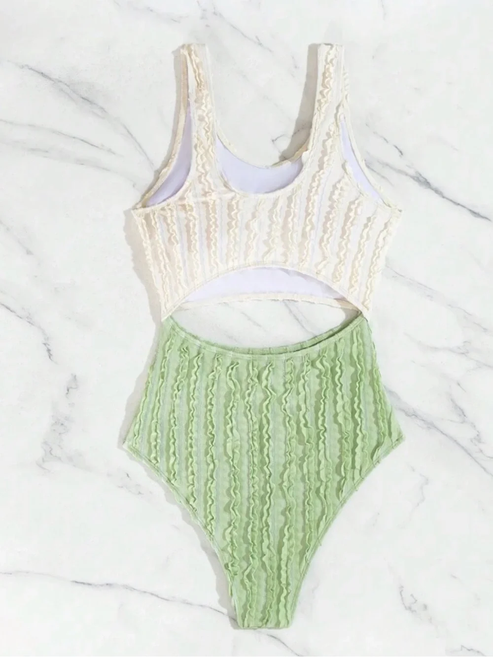 SHEIN Green and cream one piece swimsuit with ruffled texture M